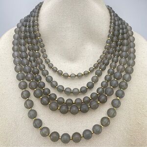 Matte Gray Multi-Strand Beaded Statement Necklace with Gold Accents